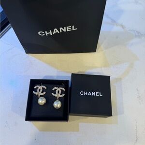 CHANEL Silver and White Pearl Logo Earrings